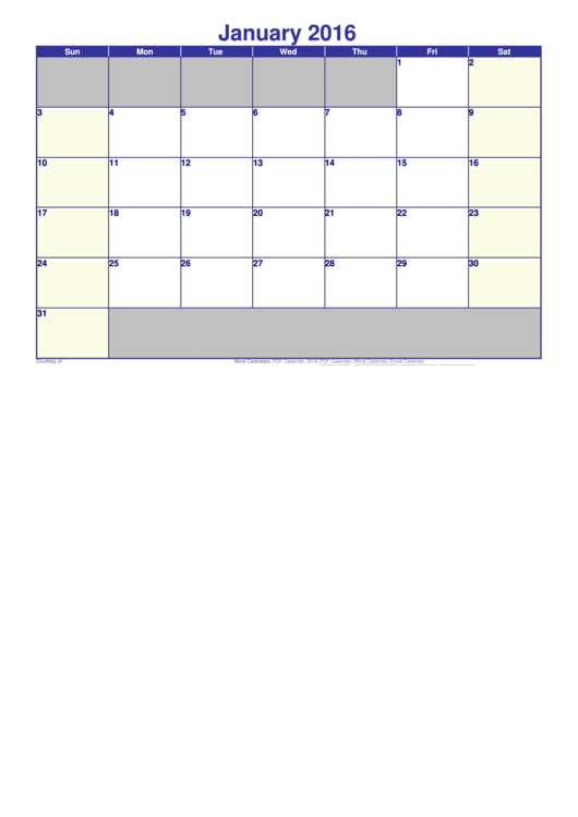 January 2016 Calendar Template Printable pdf