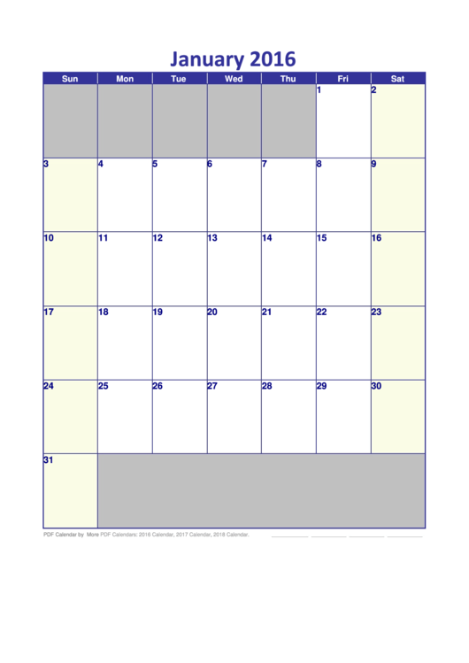 January 2016 Calendar Template Printable pdf