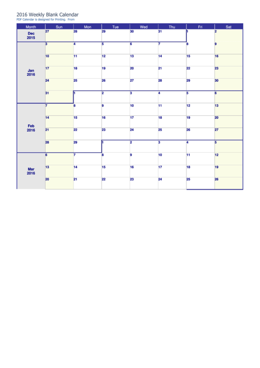 Weekly Blank Calendar Template From Sunday - 2016 Printable pdf