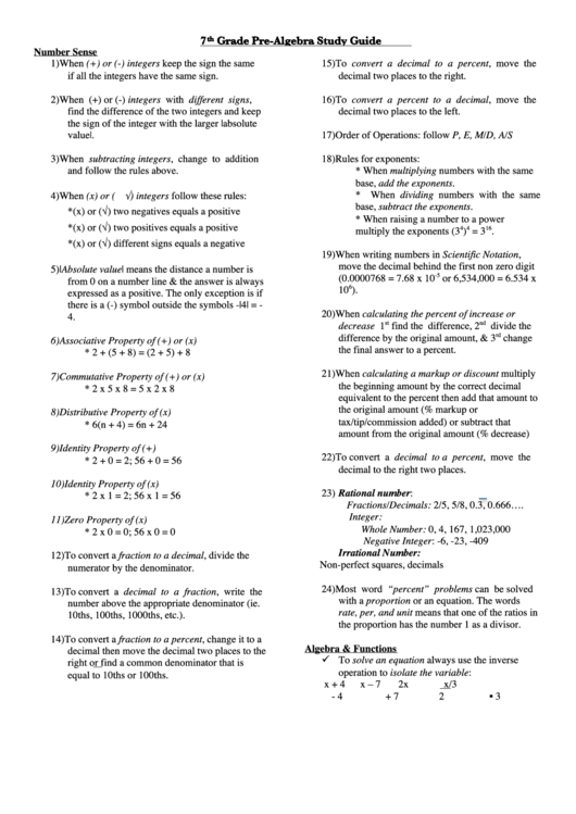7 Th Grade Pre Algebra Study Guide Printable pdf