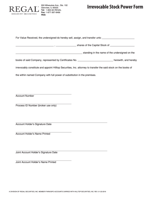 Irrevocable Stock Power Form Printable pdf