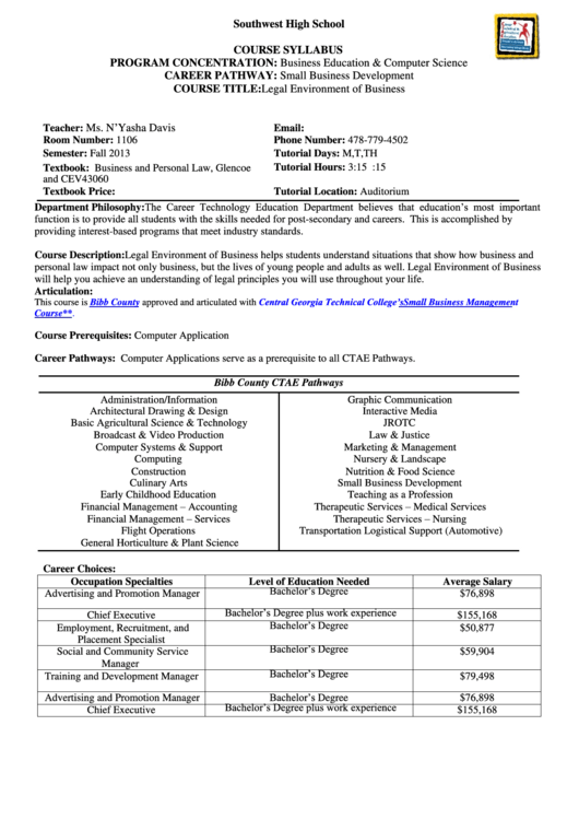 Southwest High School Course Syllabus Business Education Printable pdf