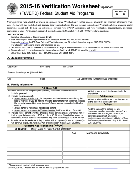 2015-16 Verification Worksheet - Dependent Printable pdf