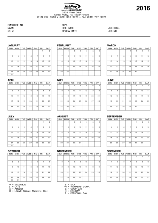 Employee Calendar Template - 2016 Printable pdf