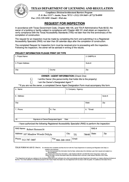 Fillable Tdlr Form 041ab - Request For Inspection Printable pdf