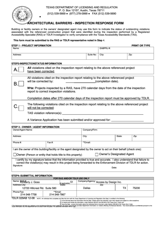 Fillable Inspection Response Form Printable pdf