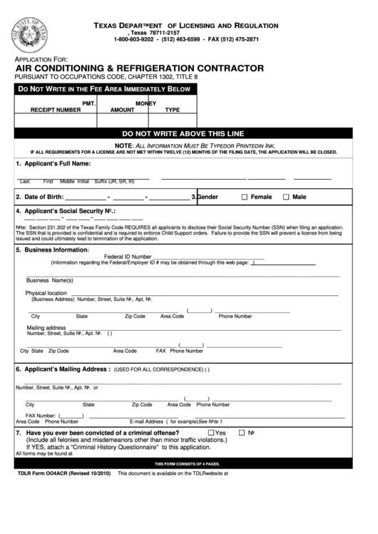 Tdlr Form Oo4acr - Air Conditioning & Refrigeration Contractor Template Printable pdf
