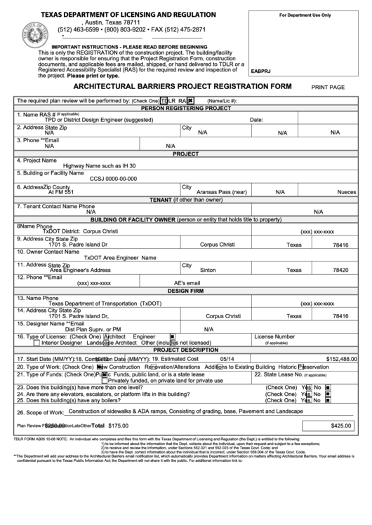 Fillable Tdlr Form Ab05 10-08 - Architectural Barriers Project Registration Form Printable pdf