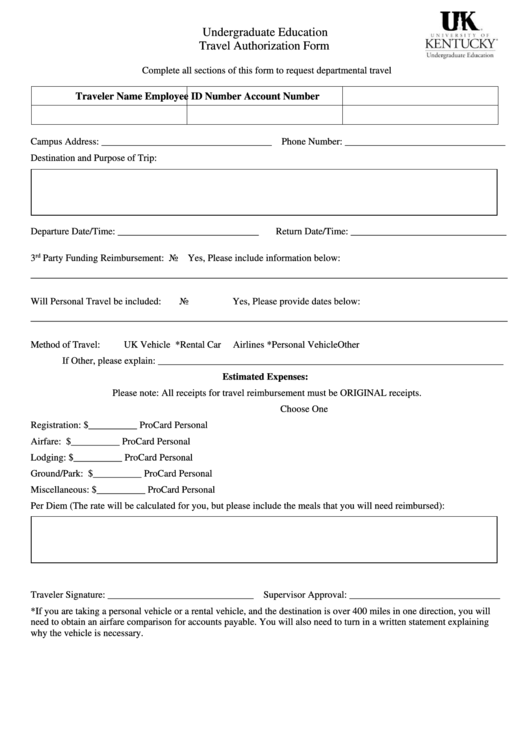 Fillable Undergraduate Education Travel Authorization Form Printable pdf