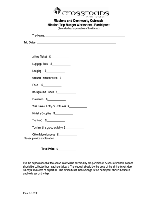 Missions And Community Outreach Mission Trip Budget Worksheet - Participant Printable pdf