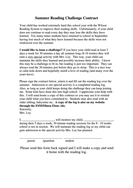 Summer Reading Contract Printable pdf