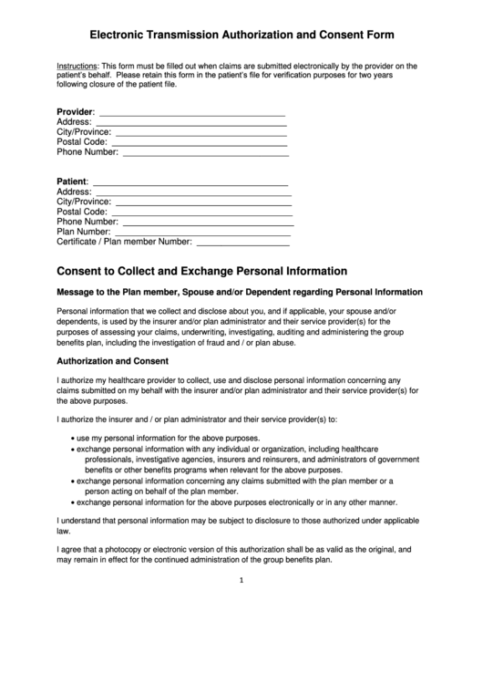 Electronic Transmission Authorization And Consent Form Printable pdf