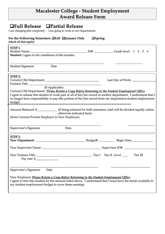 Student Employment Award Release Form - Macalester College Printable pdf