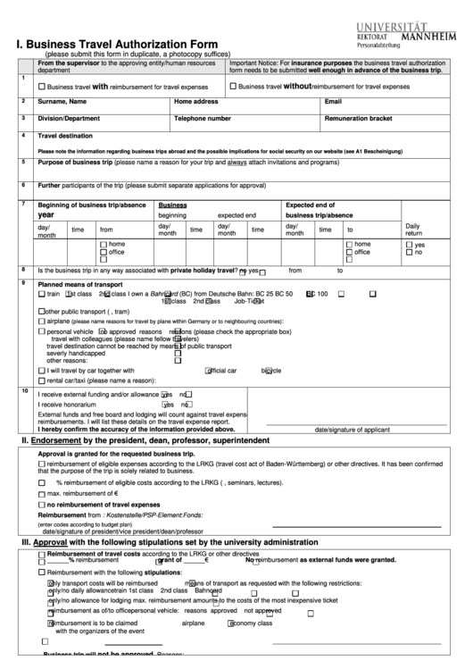 Business Travel Authorization Form Printable pdf