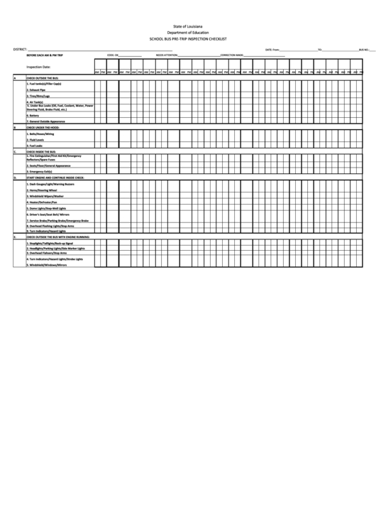 School Bus Pre-Trip Inspection Checklist Template Printable pdf