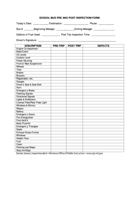 School Bus Pre And Post Inspection Form Printable pdf