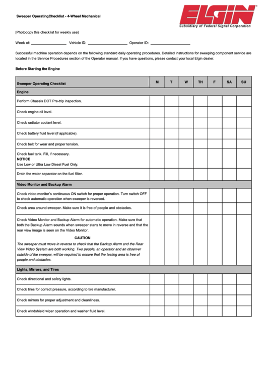 Sweeper Operating(Checklist Template - 4-Wheel Mechanical Printable pdf
