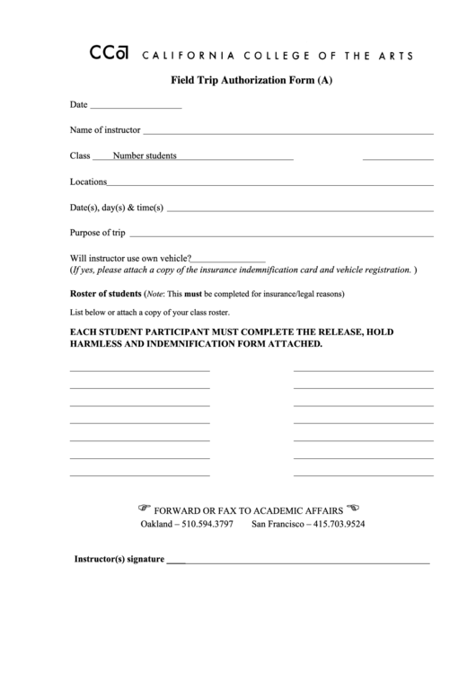 Field Trip Authorization Form (A) Printable pdf