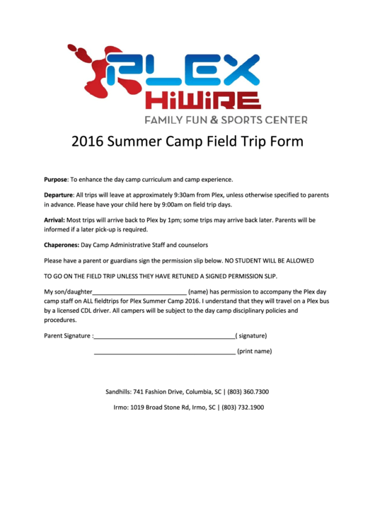 Summer Camp Field Trip Form Printable pdf