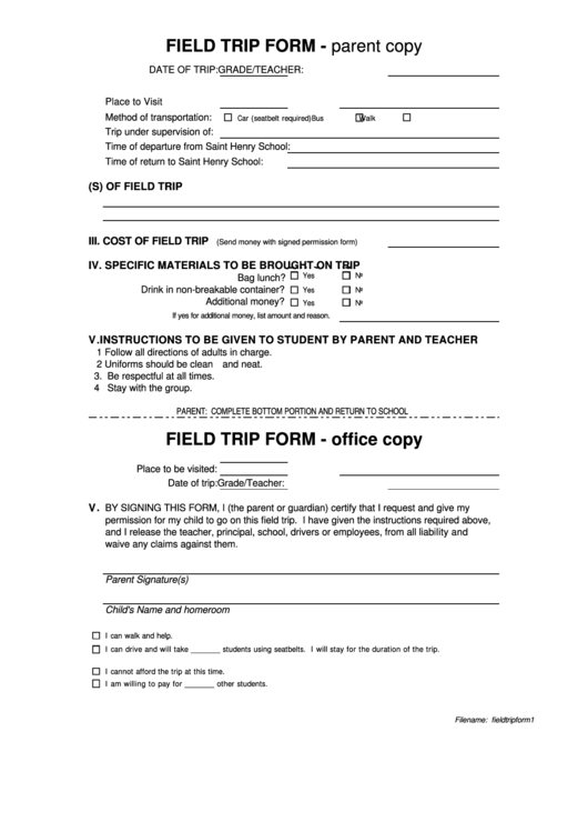 Field Trip Form - Parent Copy Printable pdf