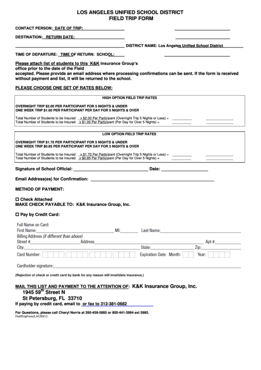 Los Angeles Unified School District Field Trip Form Printable pdf