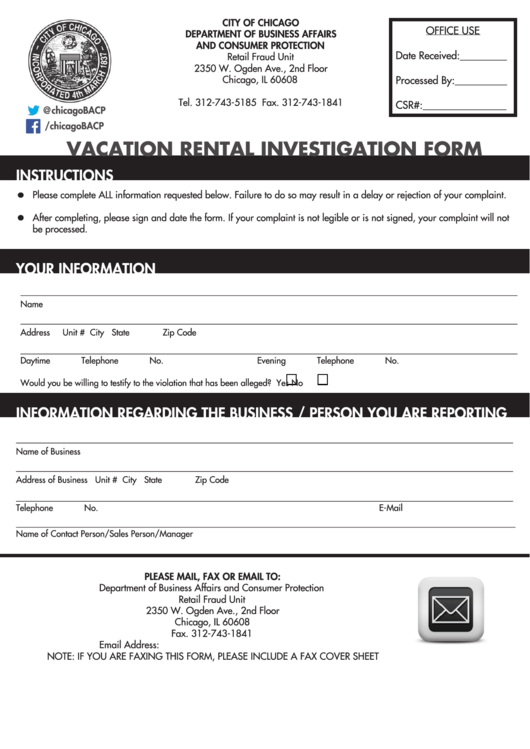 Fillable City Of Chicago Department Of Business Affairs And Consumer Protection Vacation Rental Investigation Form Printable pdf
