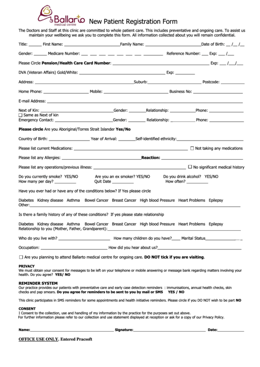 New Patient Registration Form Printable pdf