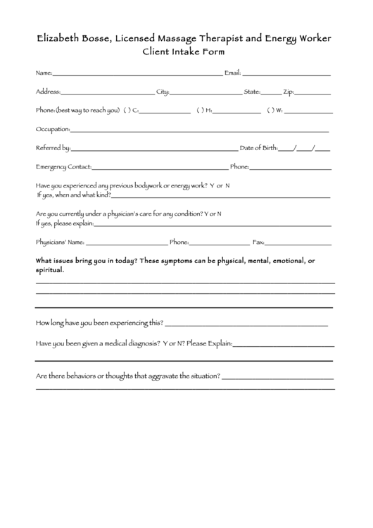 Massage Client Intake Form Printable pdf
