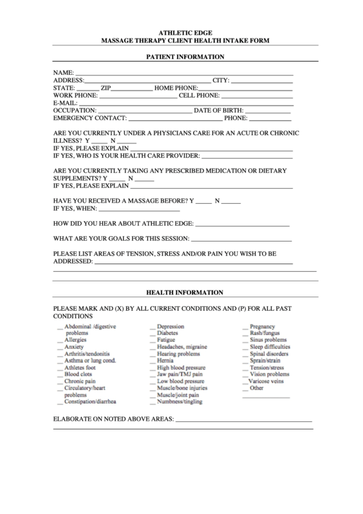 Massage Therapy Client Health Intake Form Printable pdf