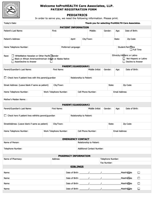 Pediatric Patient Registration Form Printable pdf