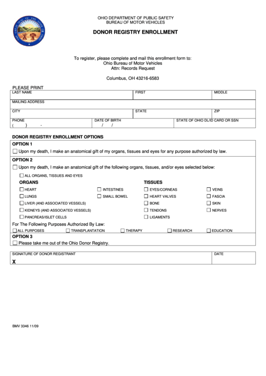 Donor Registry Enrollment - Ohio Department Of Public Safety Bureau Of Motor Vehicles Printable pdf