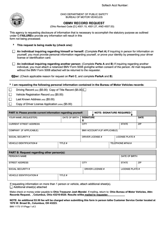 Fillable Ohio Department Of Public Safety Bureau Of Motor Vehicles Obmv Record Request Printable pdf