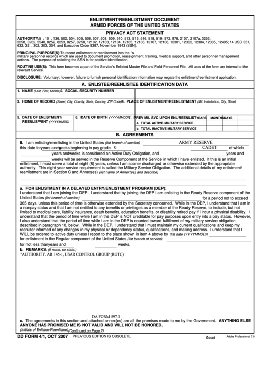 Fillable Dd Form 4/1 - Enlistment/reenlistment Document Armed Forces Of The United States - 2007 Printable pdf