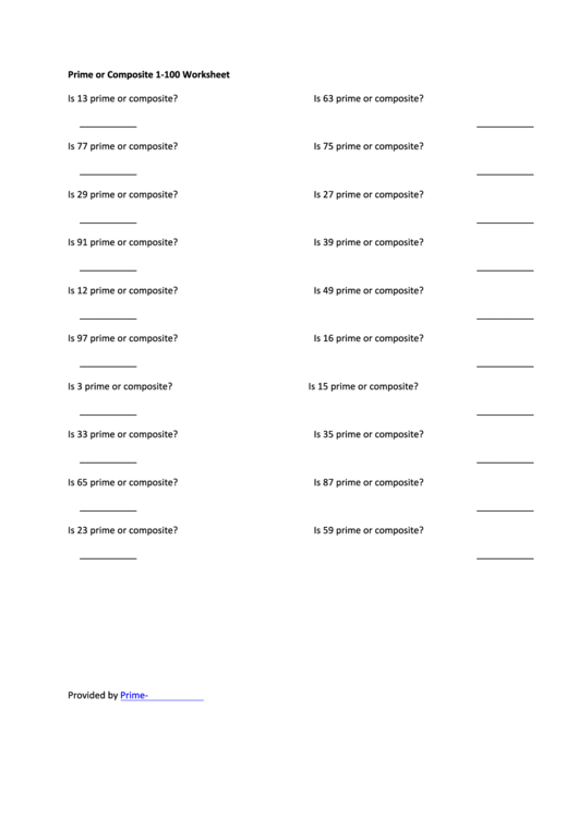 Prime Or Composite 1-100 Worksheet Printable pdf