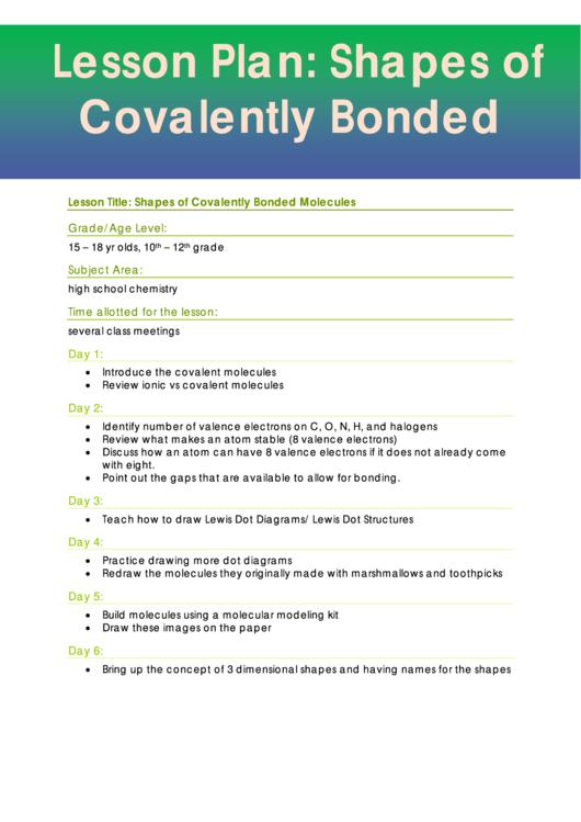 Shapes Of Covalently Bonded Lesson Plan Template Printable pdf