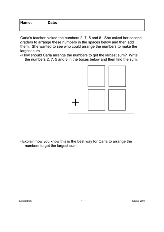 Largest Sum Word Problems Worksheet Printable pdf