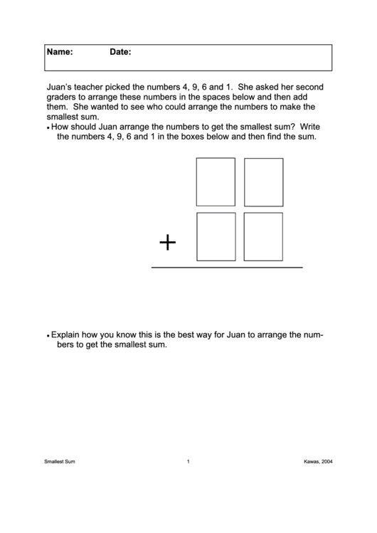 Smallest Sum Word Problems Worksheet Printable pdf