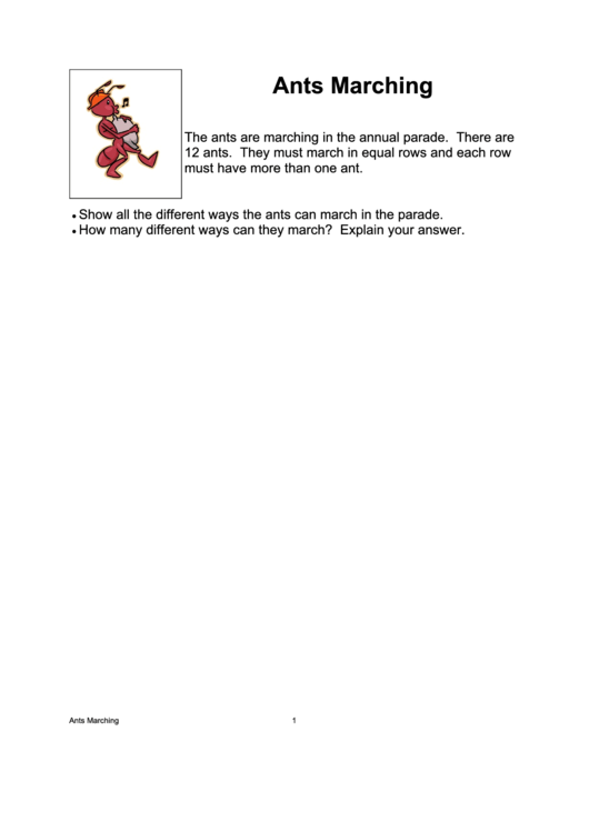 Ants Marching Word Problems Worksheet printable pdf download