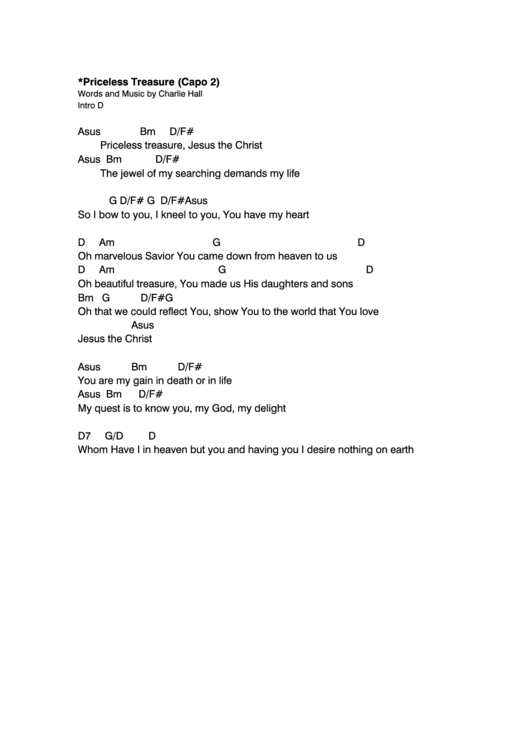 Priceless Treasure (Capo 2) Chord Chart Printable pdf