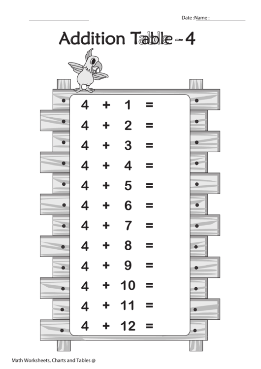 Addition Table - 4 (With Answer Key) - Black And White Worksheet ...