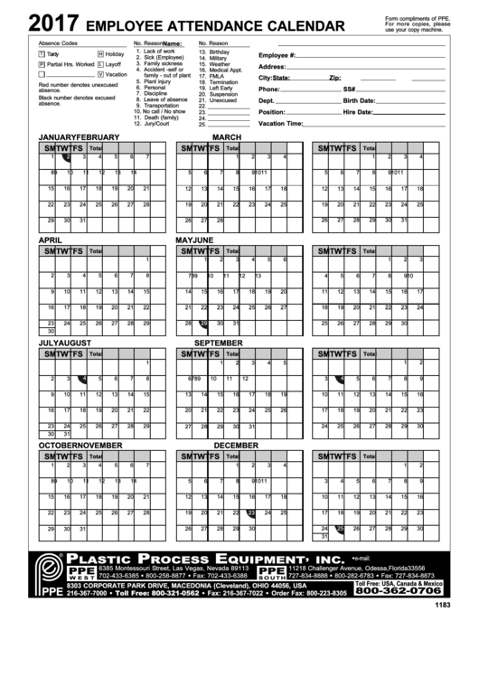 Fillable 2017 Employee Attendance Calendar Printable pdf