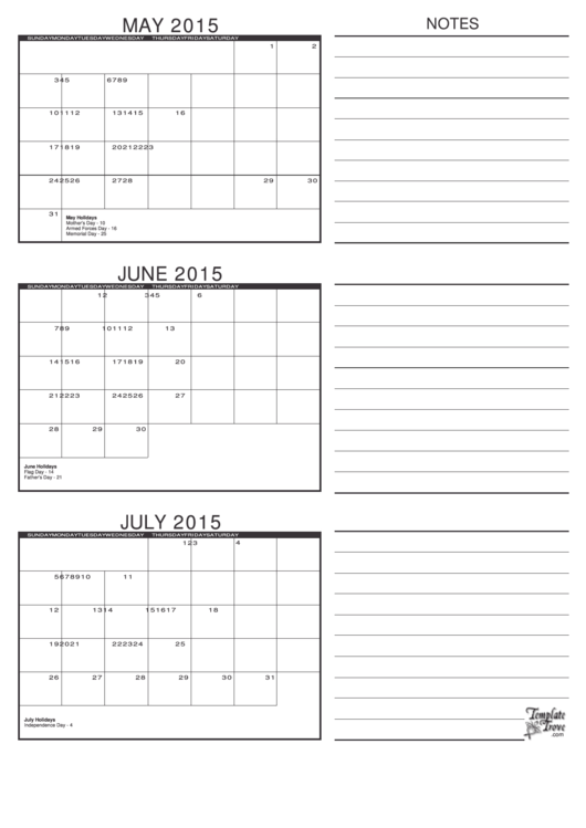2015 Monthly Calendar Template - May - July Printable pdf