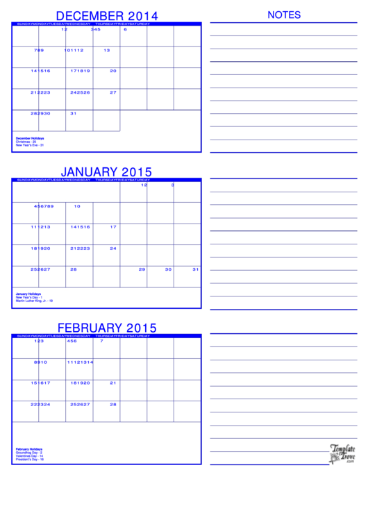 Monthly Calendar Template 2014 - December - February Printable pdf