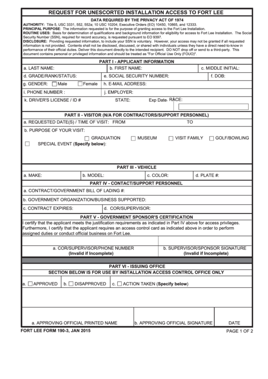 Fillable Fort Lee Form 190-3 - Request For Unescorted Installation Access To Fort Lee Printable pdf