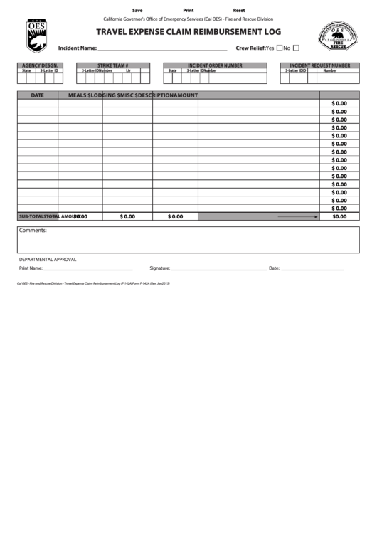 Form F0142a - Travel Expense Claim Reimbursement Log - 2015 Printable pdf