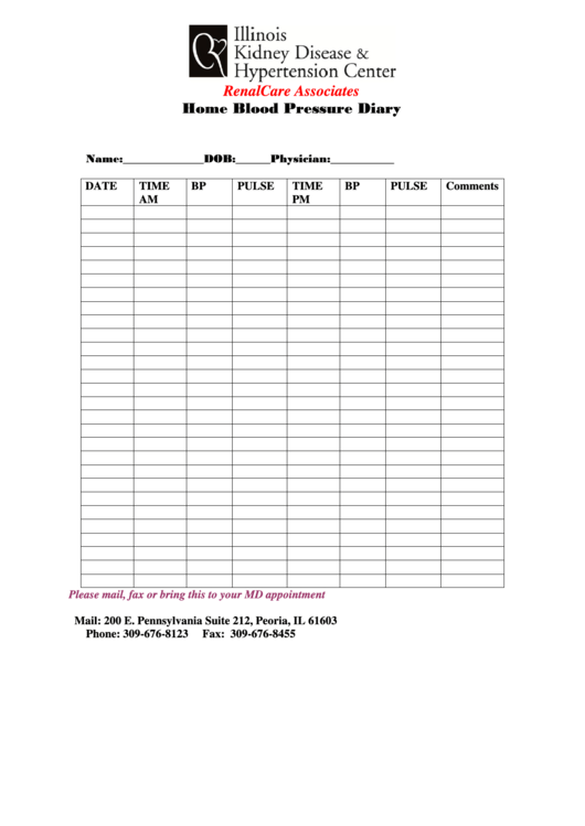 Home Blood Pressure Diary Printable pdf