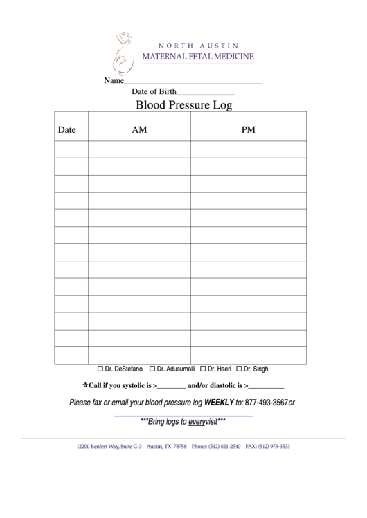 Blood Pressure Log Printable pdf