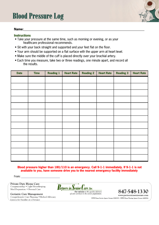 Blood Pressure Log Printable pdf