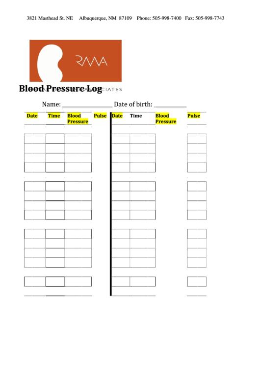 Rma Blood Pressure Log Printable pdf