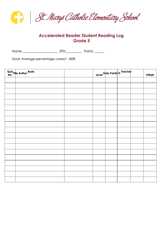 Accelerated Reader Student Reading Log Printable pdf